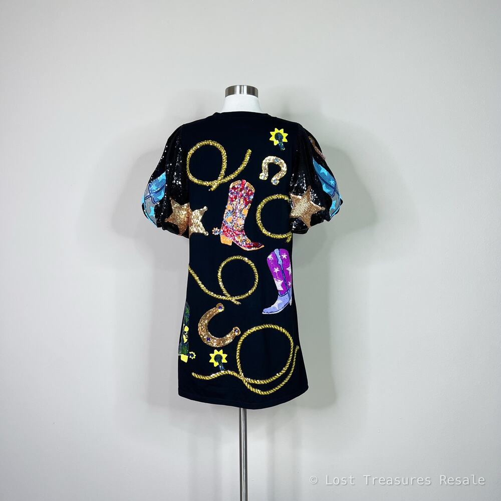 Queen of Sparkles | Cowgirl Western Rodeo Black Sequin Puff Sleeve Mini Dress L - Picture 7 of 12